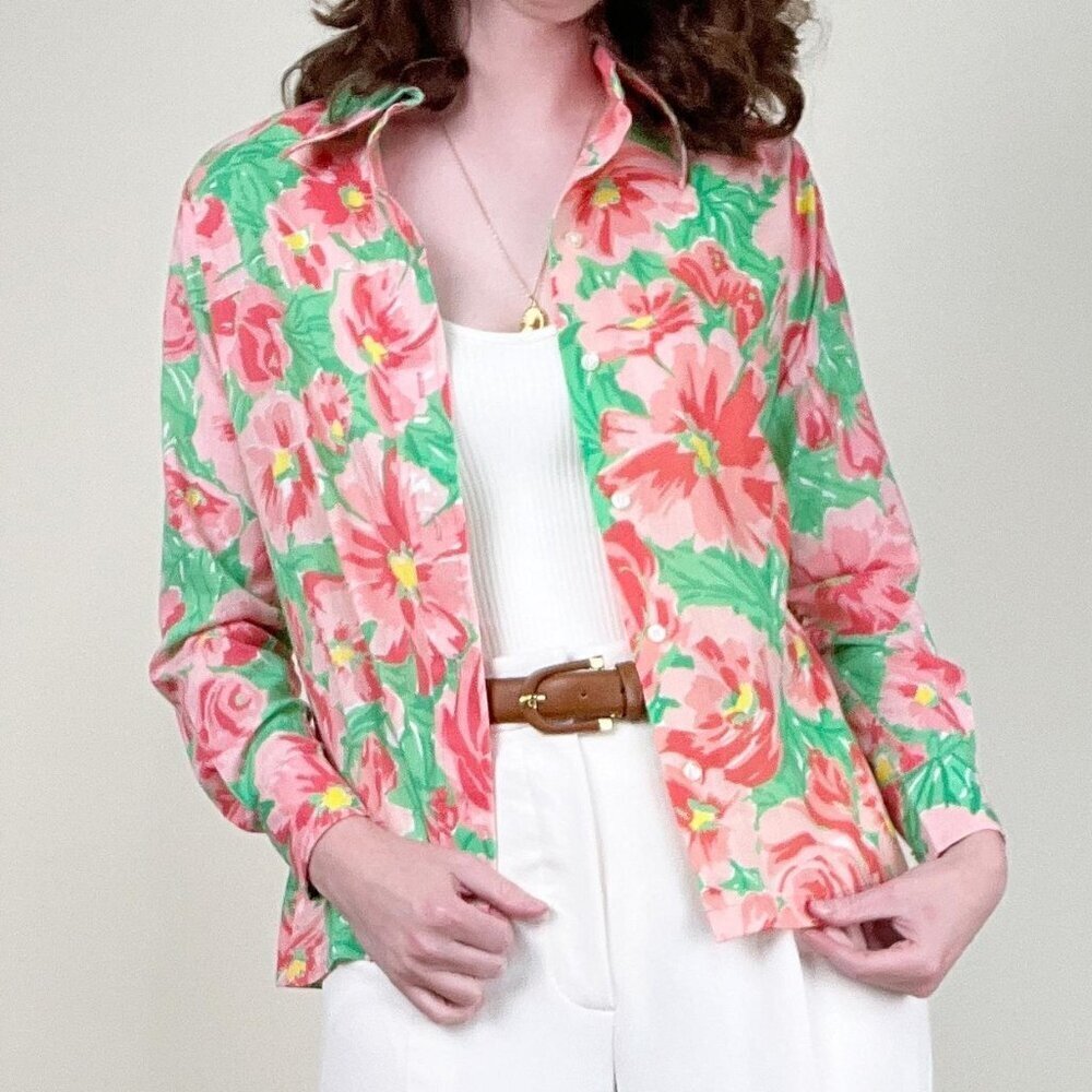 Stunning Vintage Floral Print Blouse Button Up Shirt Garden Girl Preppy Feminine